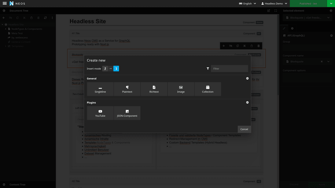 Headless Neos CMS nodetype selection