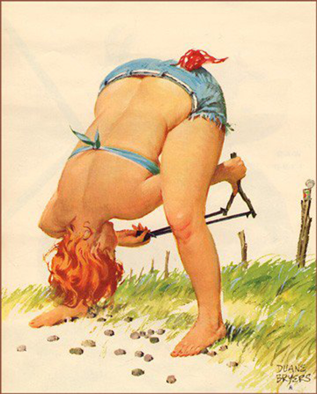 Duane Bryers Hilda using a sling shot.