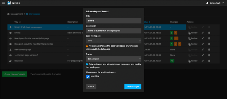 Screenshot of Neos 9 Workspace Module Sharing Dialog