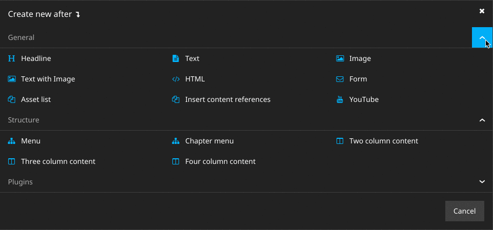 Collapsible groups in insert new panel