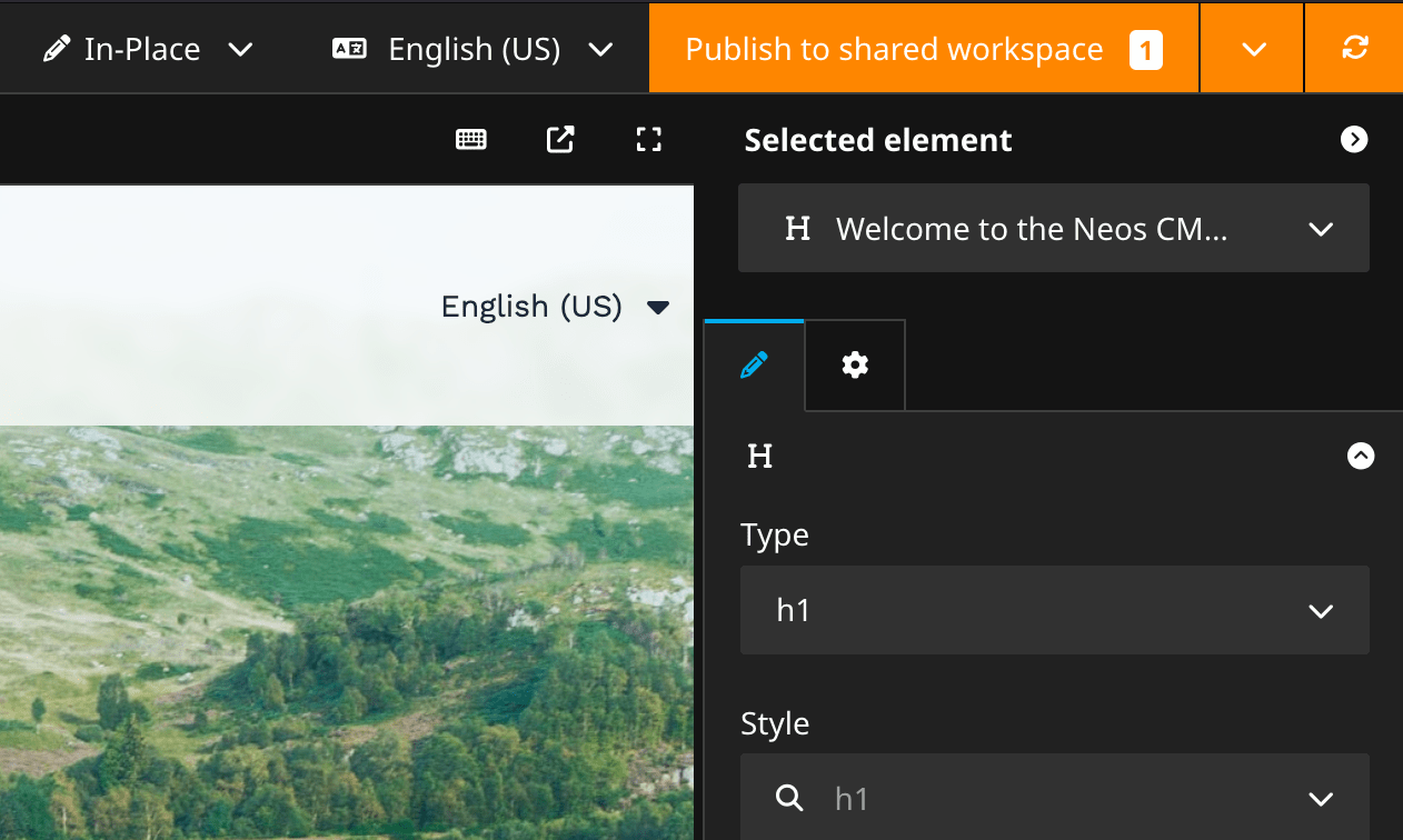 Screenshot of Neos 9 sync workspaces button next to workspace switcher