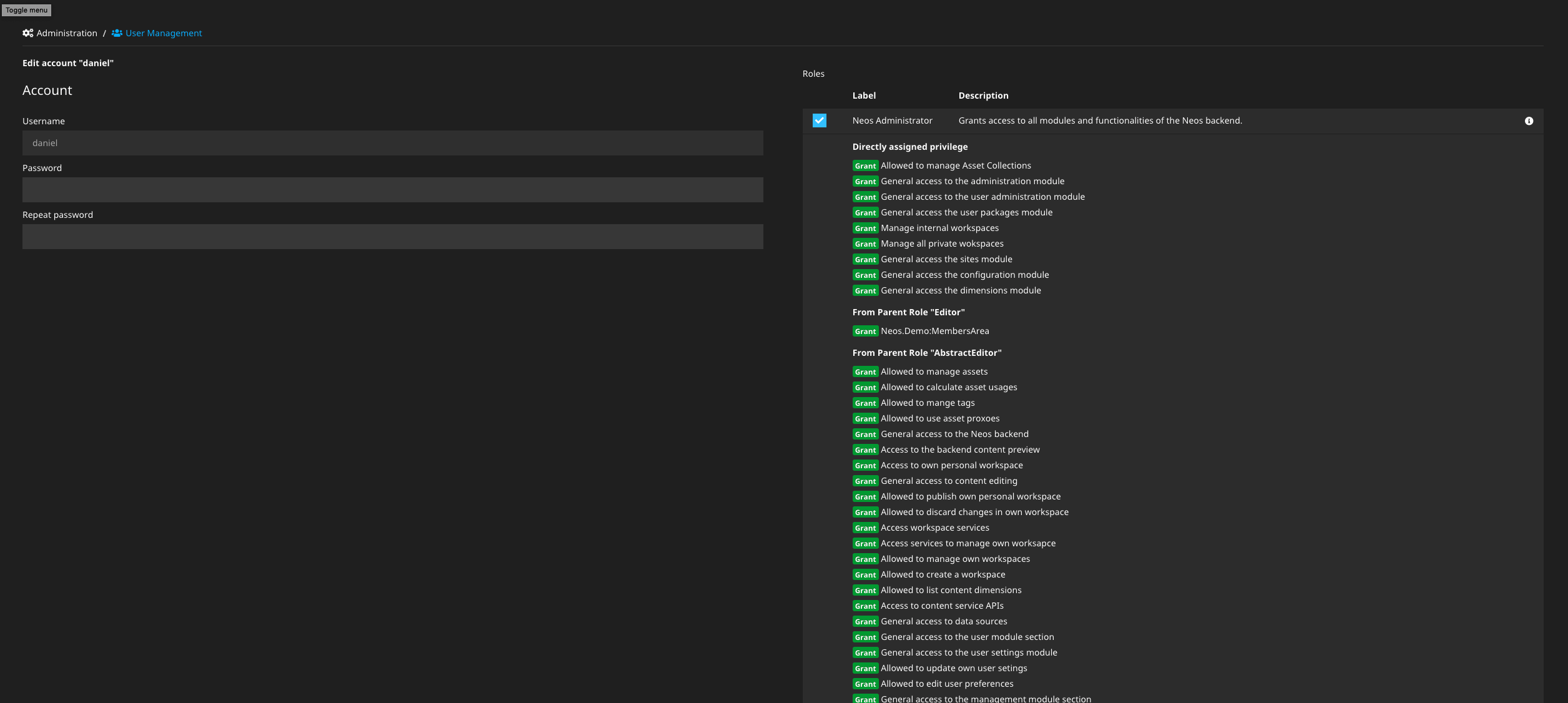 Privileges for roles are listed in user management