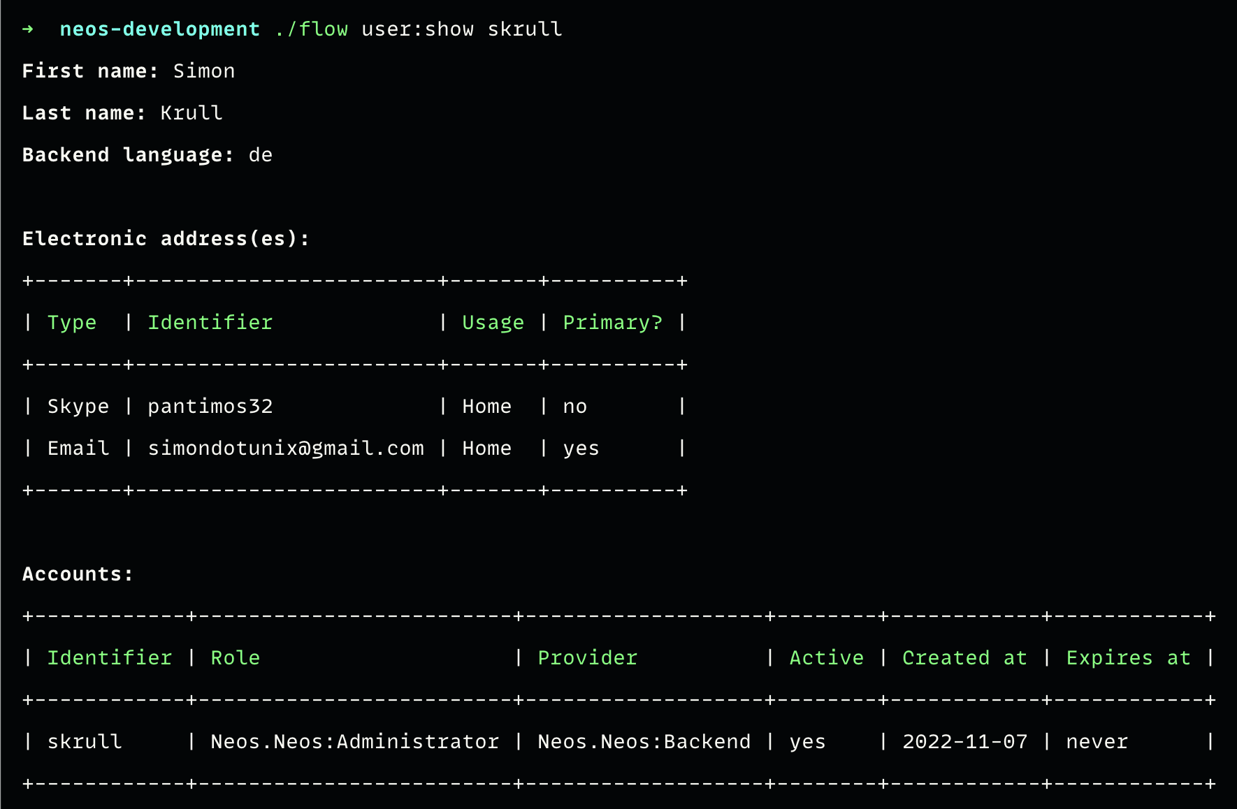 The user cli command showing details about a user