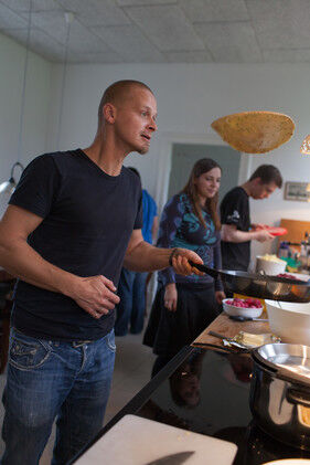Henjo baking pancakes