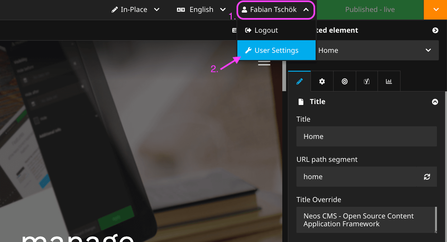 Enter your User Settings via the Neos Backend