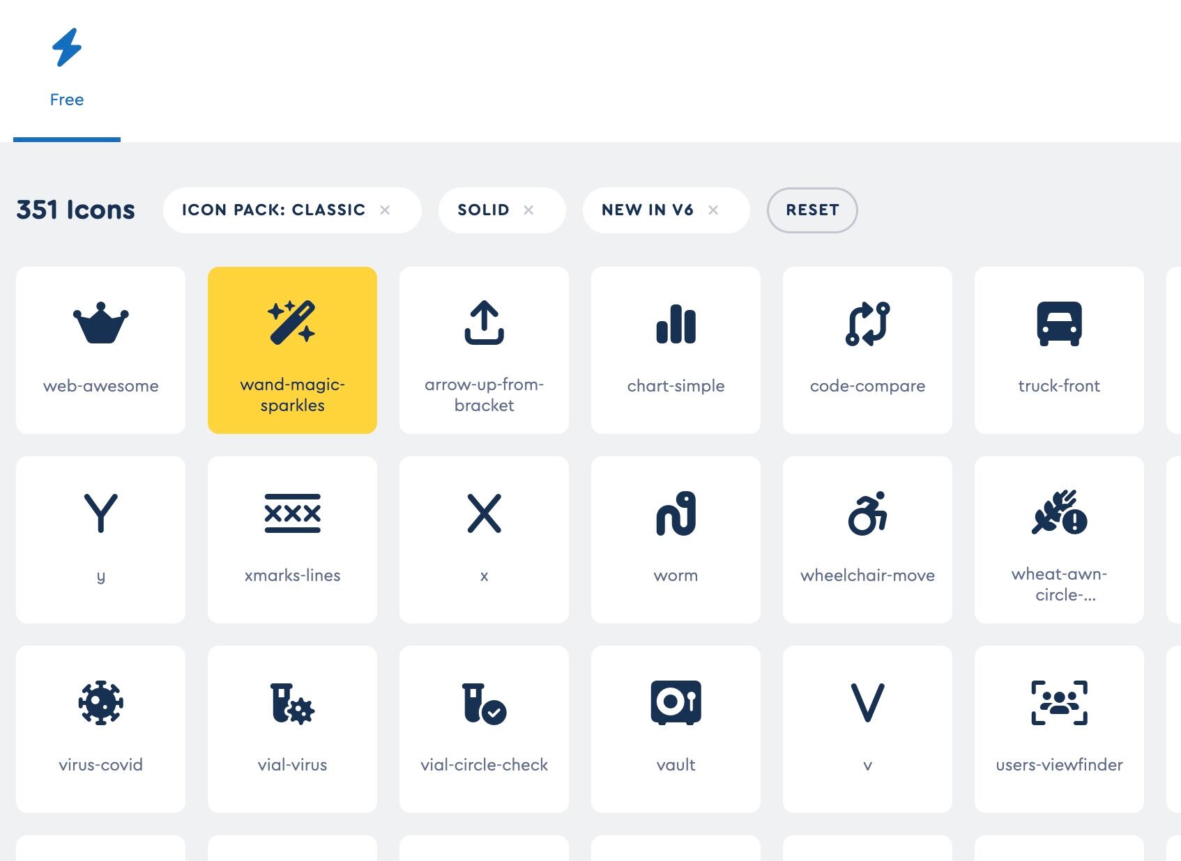 Screenshot of new free icons in Font Awesome 6 available in Neos 9