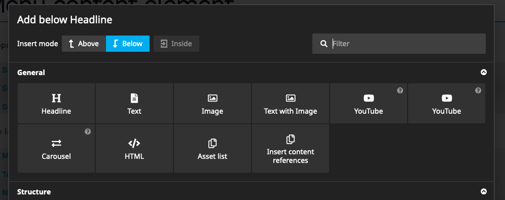 Neos backend with opened node creation dialog for content nodes