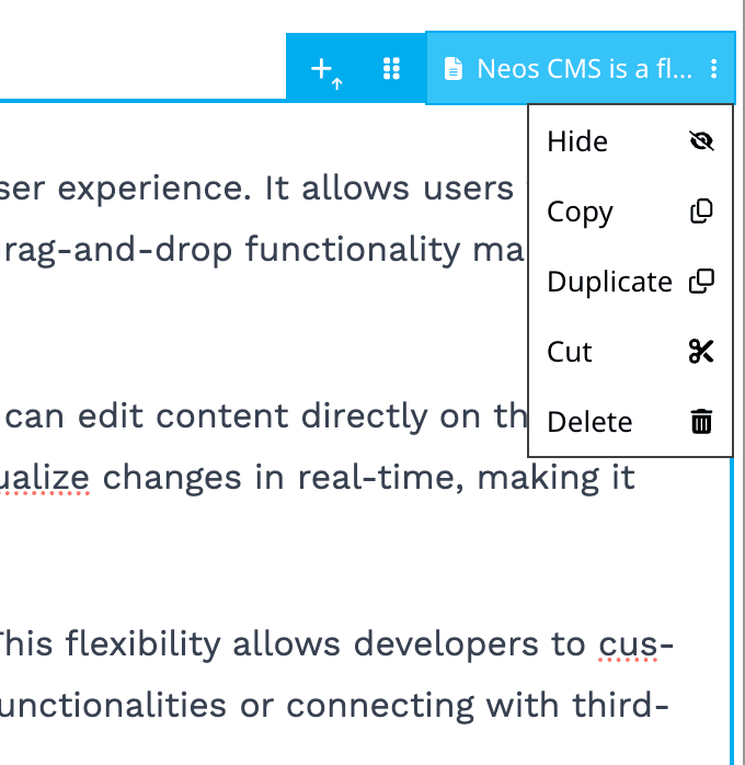 The context menu in Neos 9.1