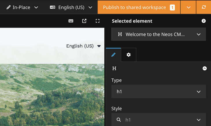 Screenshot of Neos 9 sync workspaces button next to workspace switcher