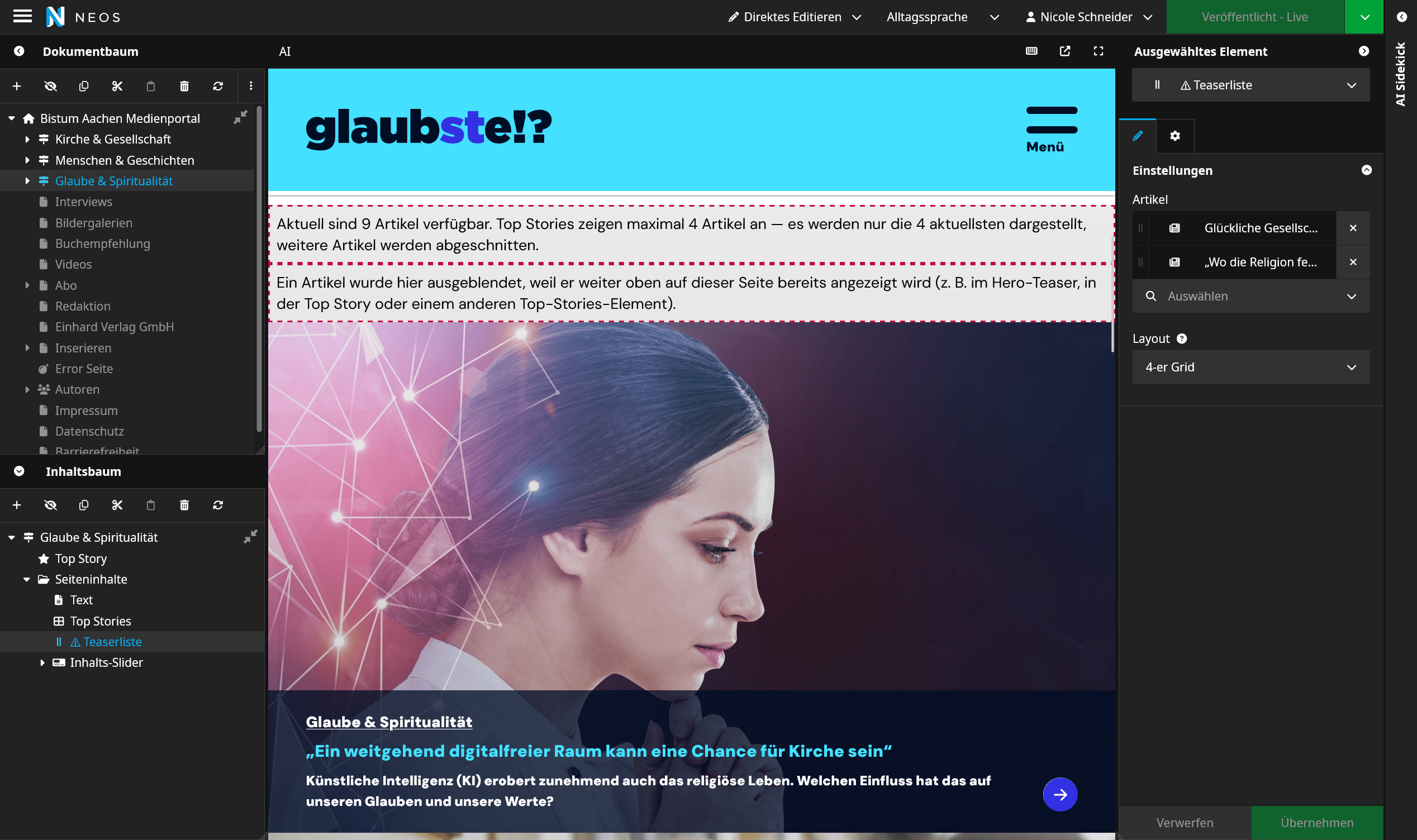 Neos-Backend des glaubste-Medienportals. Es werden direkt Hinweise & Erkläungen für Redakteure angezeigt.