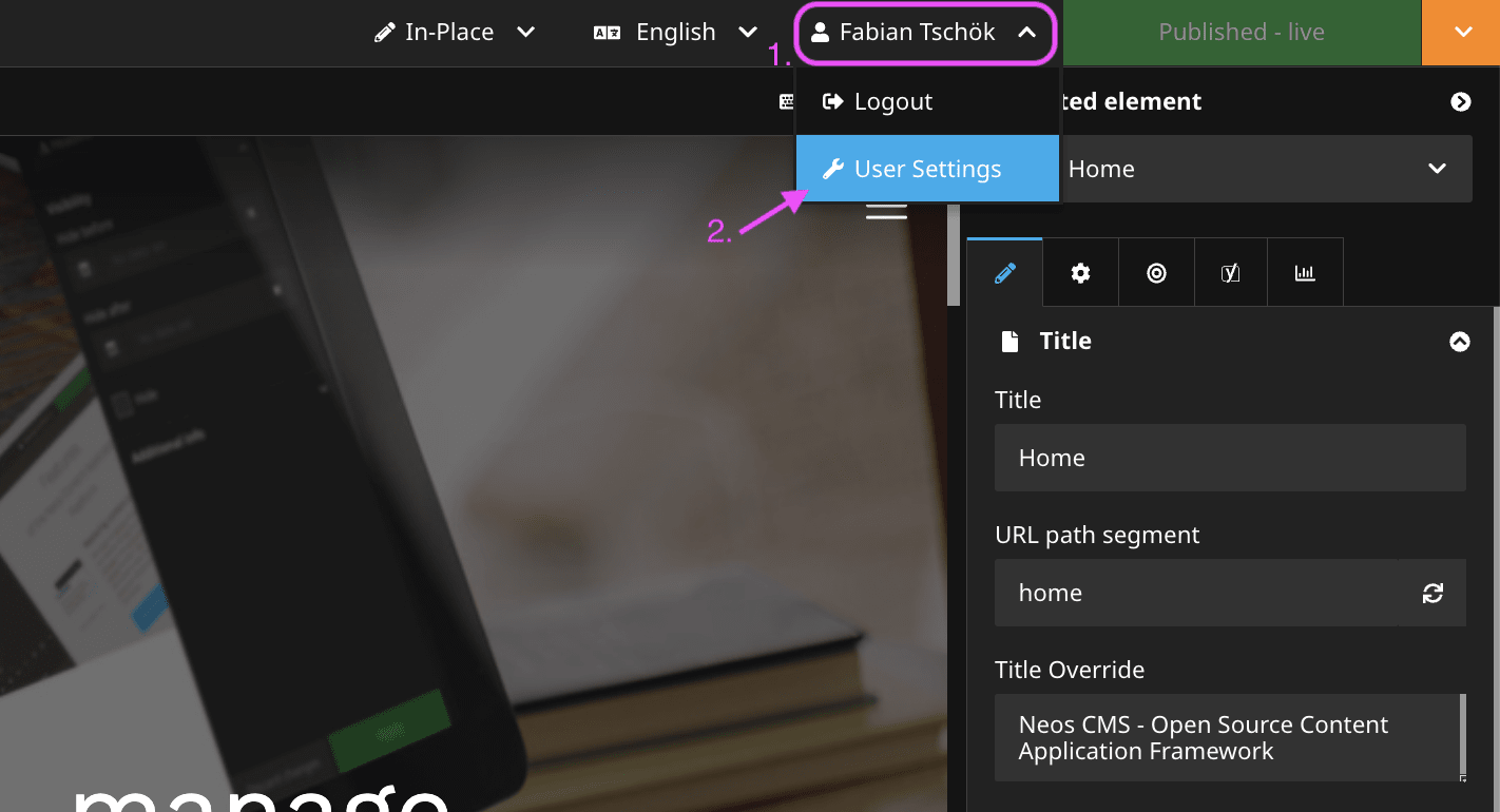 Enter your User Settings via the Neos Backend