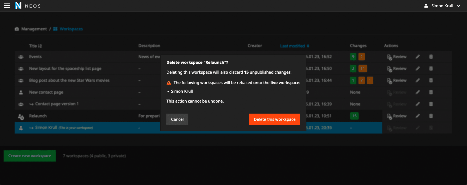 Screenshot of Neos 9 Workspace Module Deletion Dialog