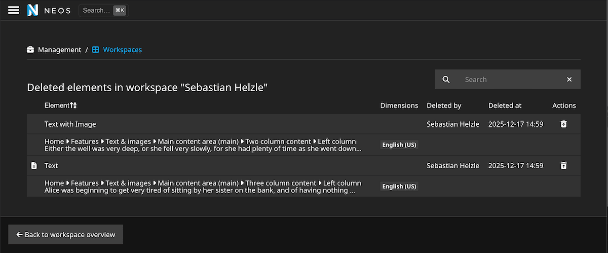 The new content recovery view in Neos 9.1