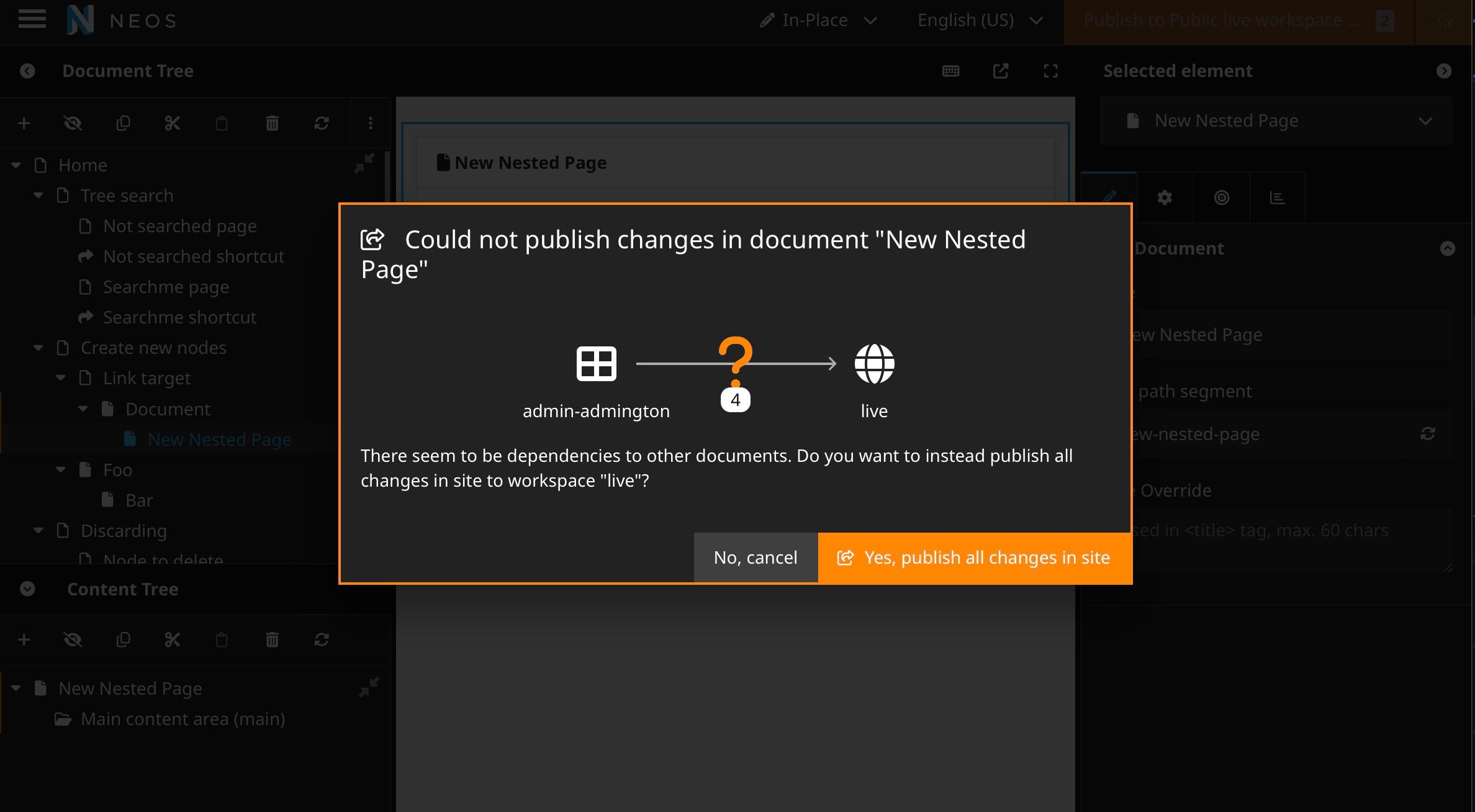 Screenshot of Neos 9 publish dialog with dependency confirmation