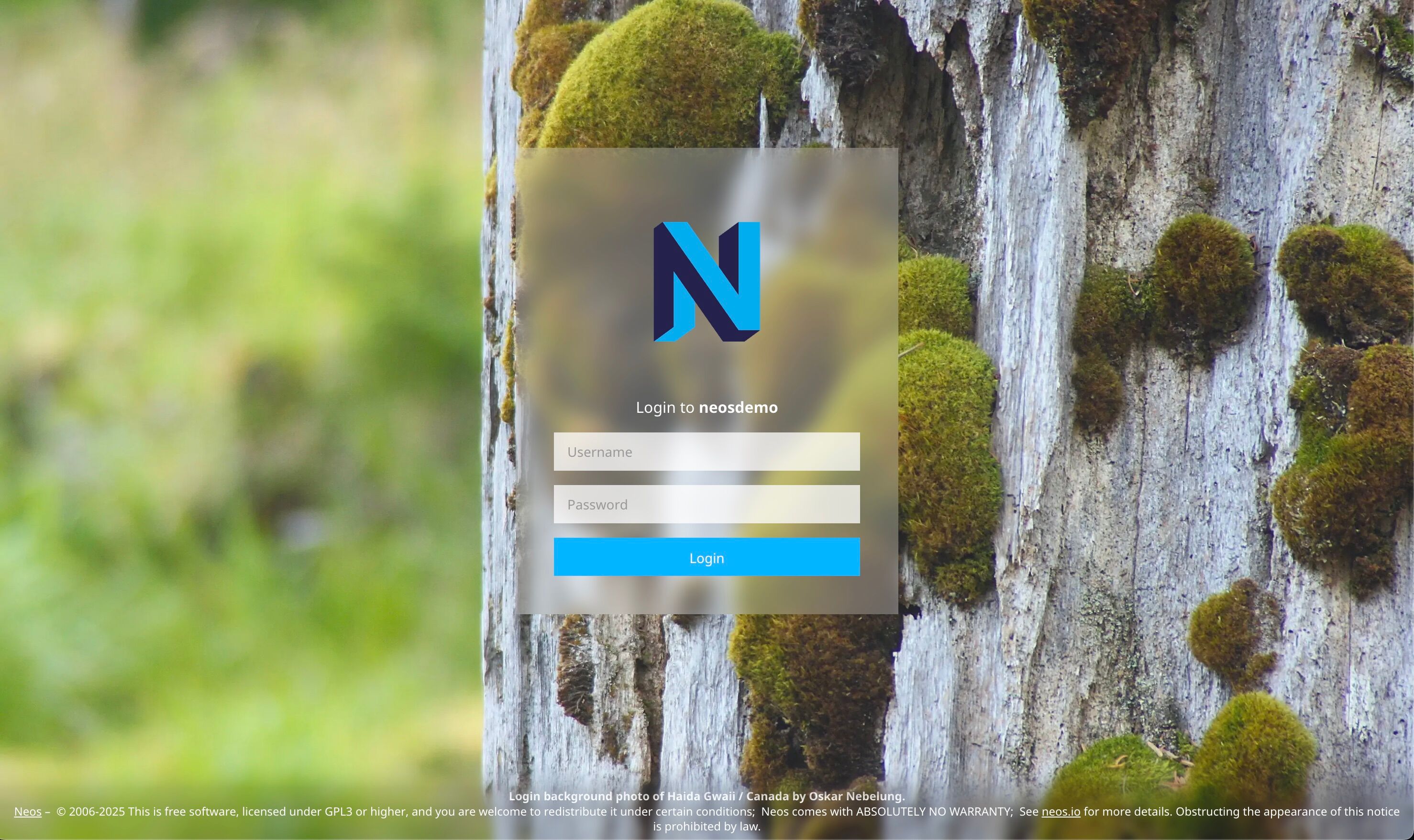 Screenshot of Neos 9 Login Page with new wallpaper image attribution