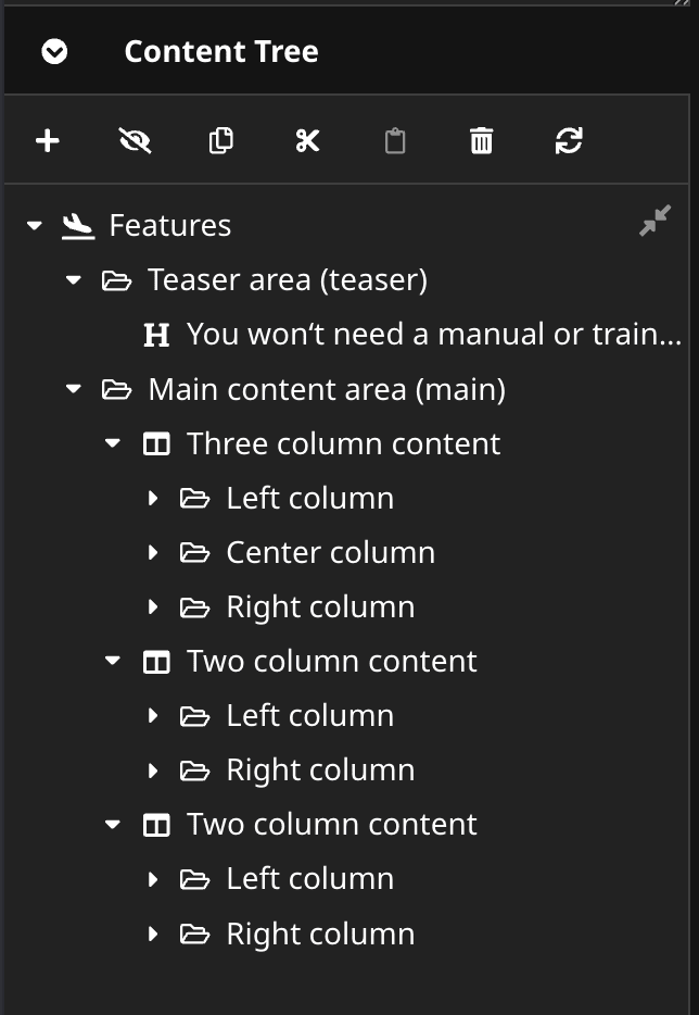 The content tree with named columns