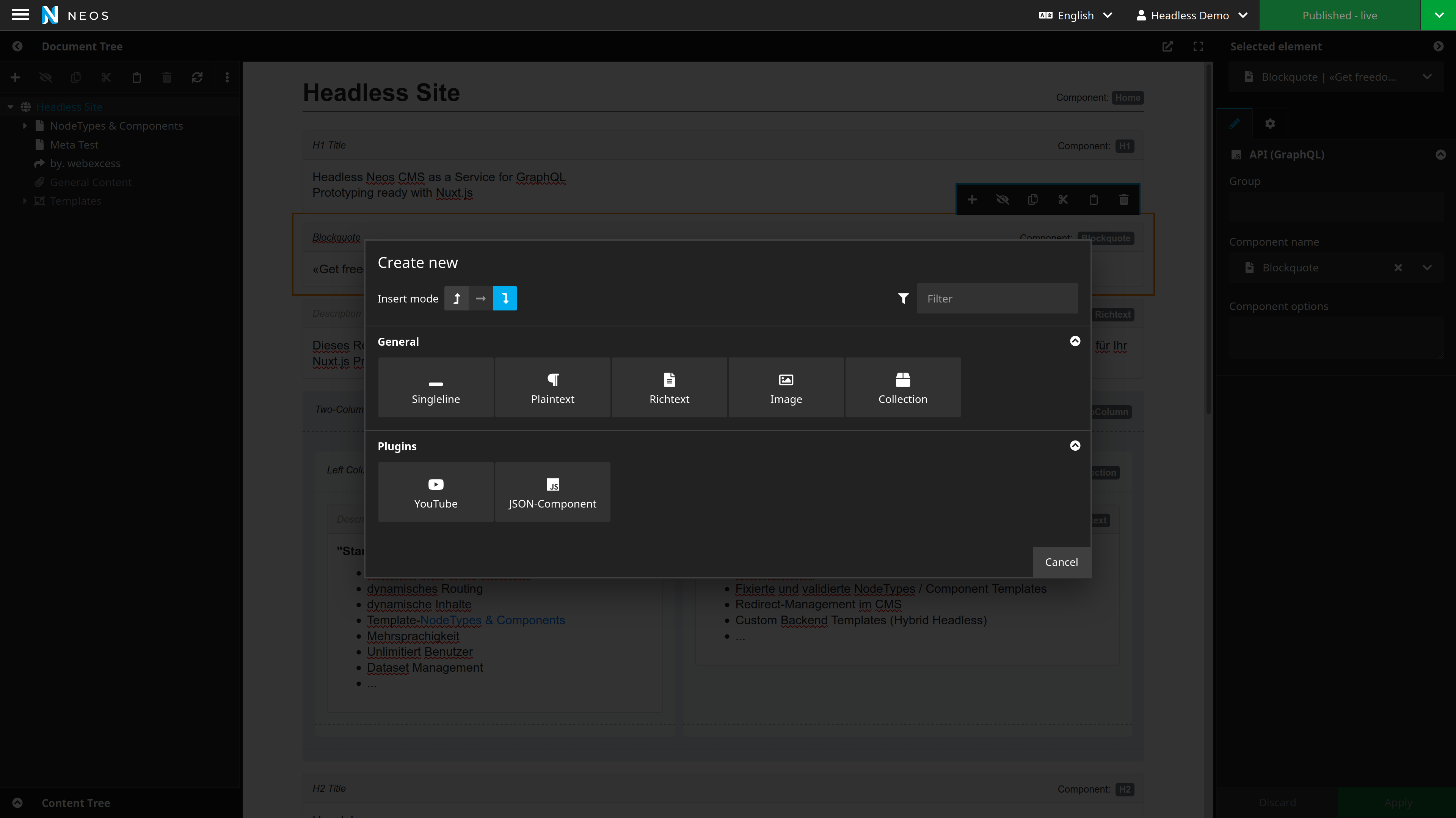 Headless Neos CMS nodetype selection