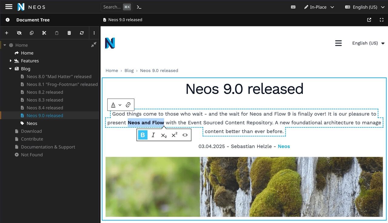 Editing text in the Neos backend