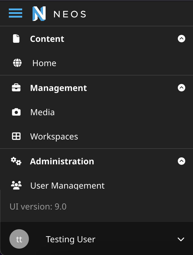 Screenshot of new user menu position in Neos 9