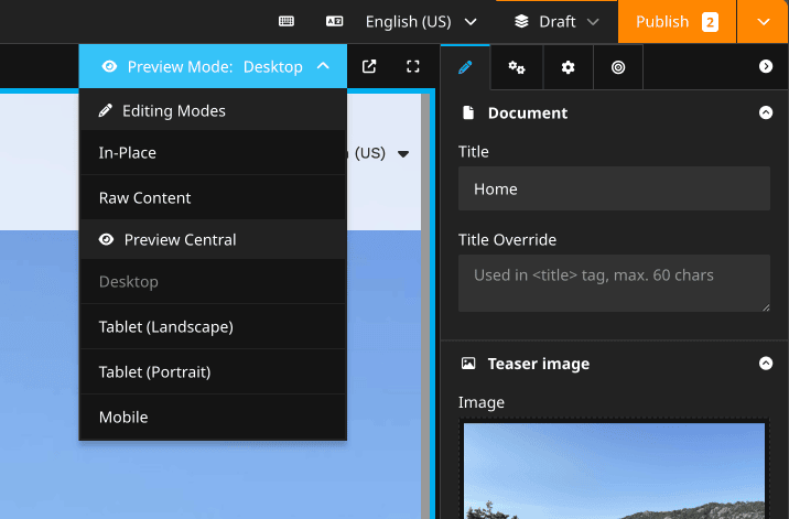 A screenshot of the new preview mode indicator in the Neos UI