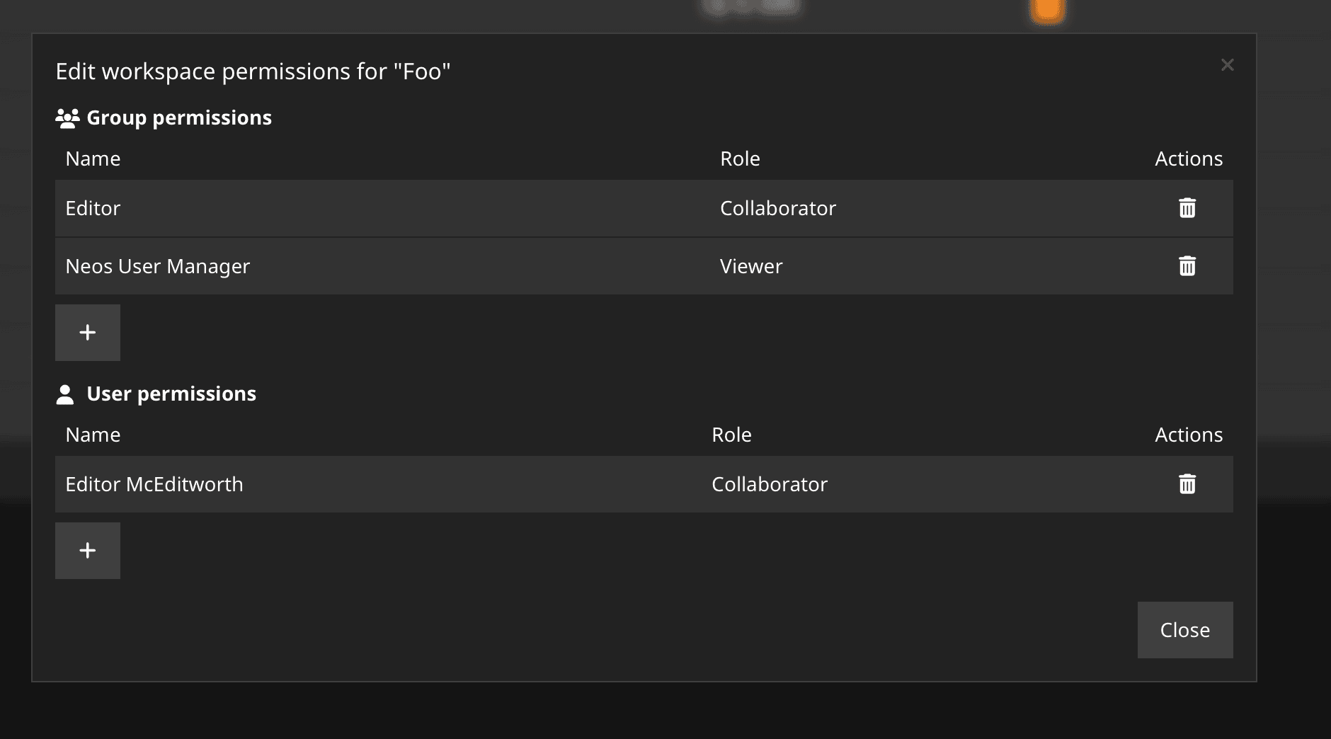 A screenshot of the workspace access control feature in Neos