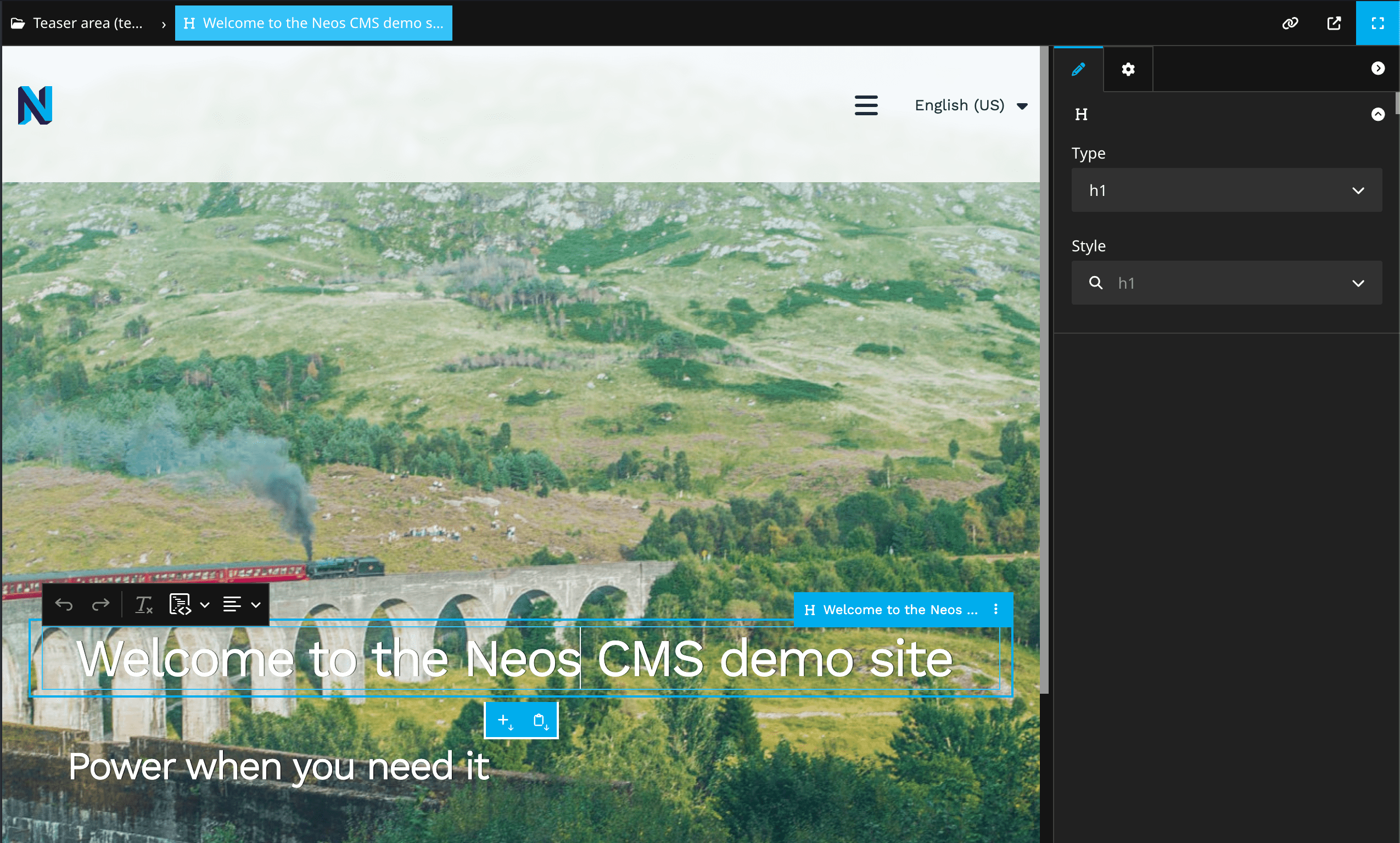 The Neos fullscreen editing mode with the visible inspector and breadcrumb