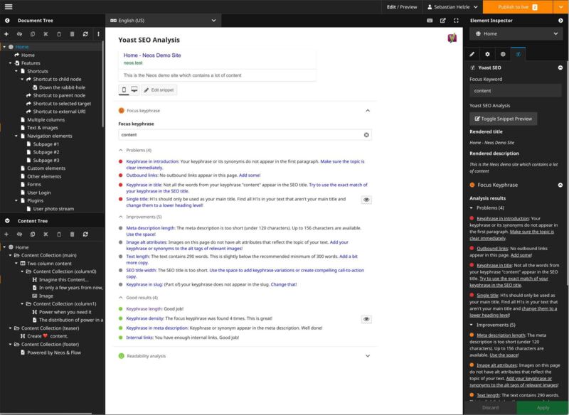 Yoast SEO snippet preview and analysis in the Neos backend