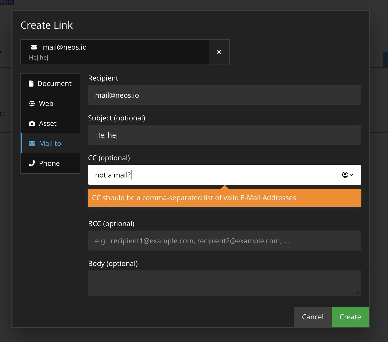Screenshot of MailTo tab in Link Editor