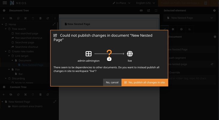 Screenshot of Neos 9 publish dialog with dependency confirmation