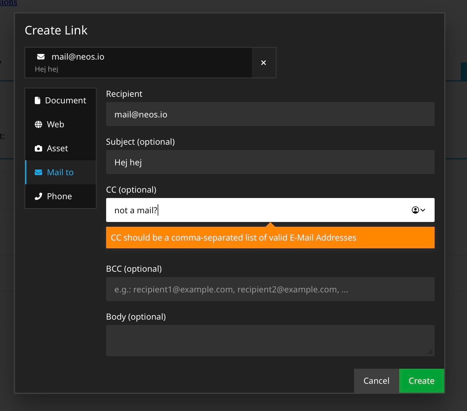 Screenshot of MailTo tab in Link Editor