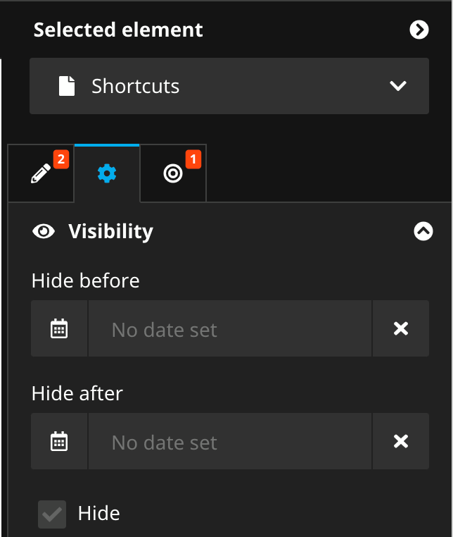 Shows three tabs in the right side bar. Two tabs has validation issues and therefore the tabs have error badges.