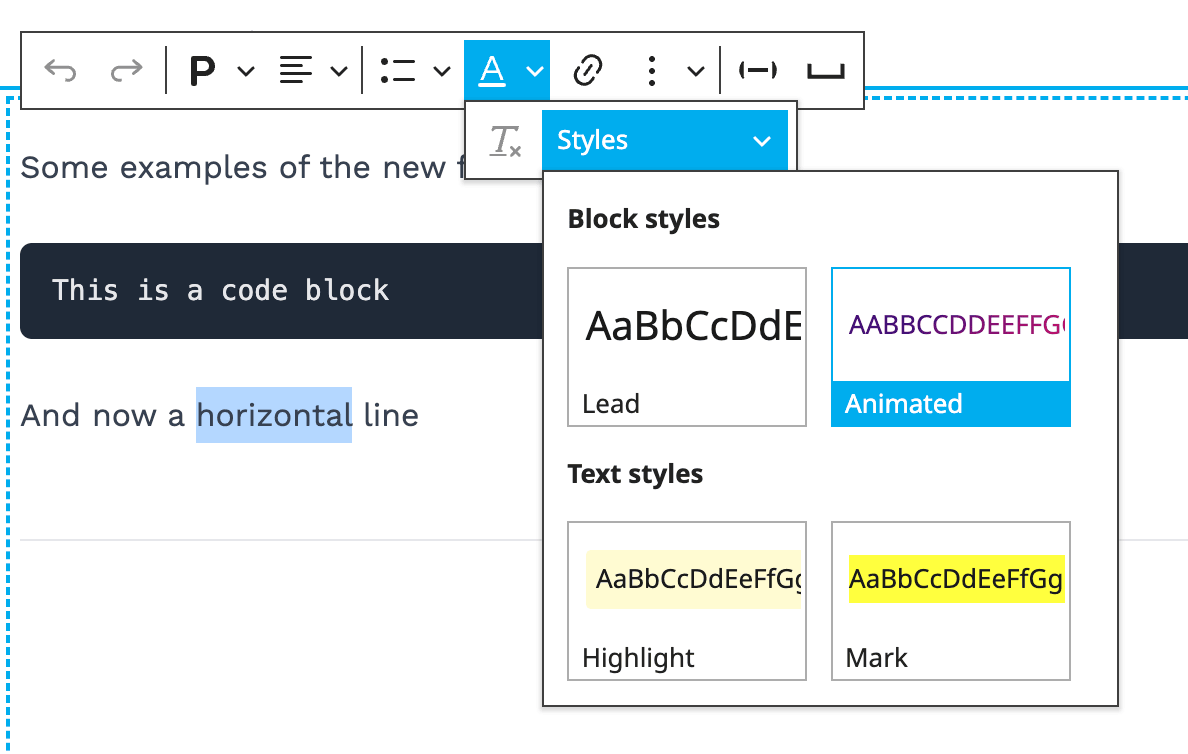 The text style selection in Neos 9.1