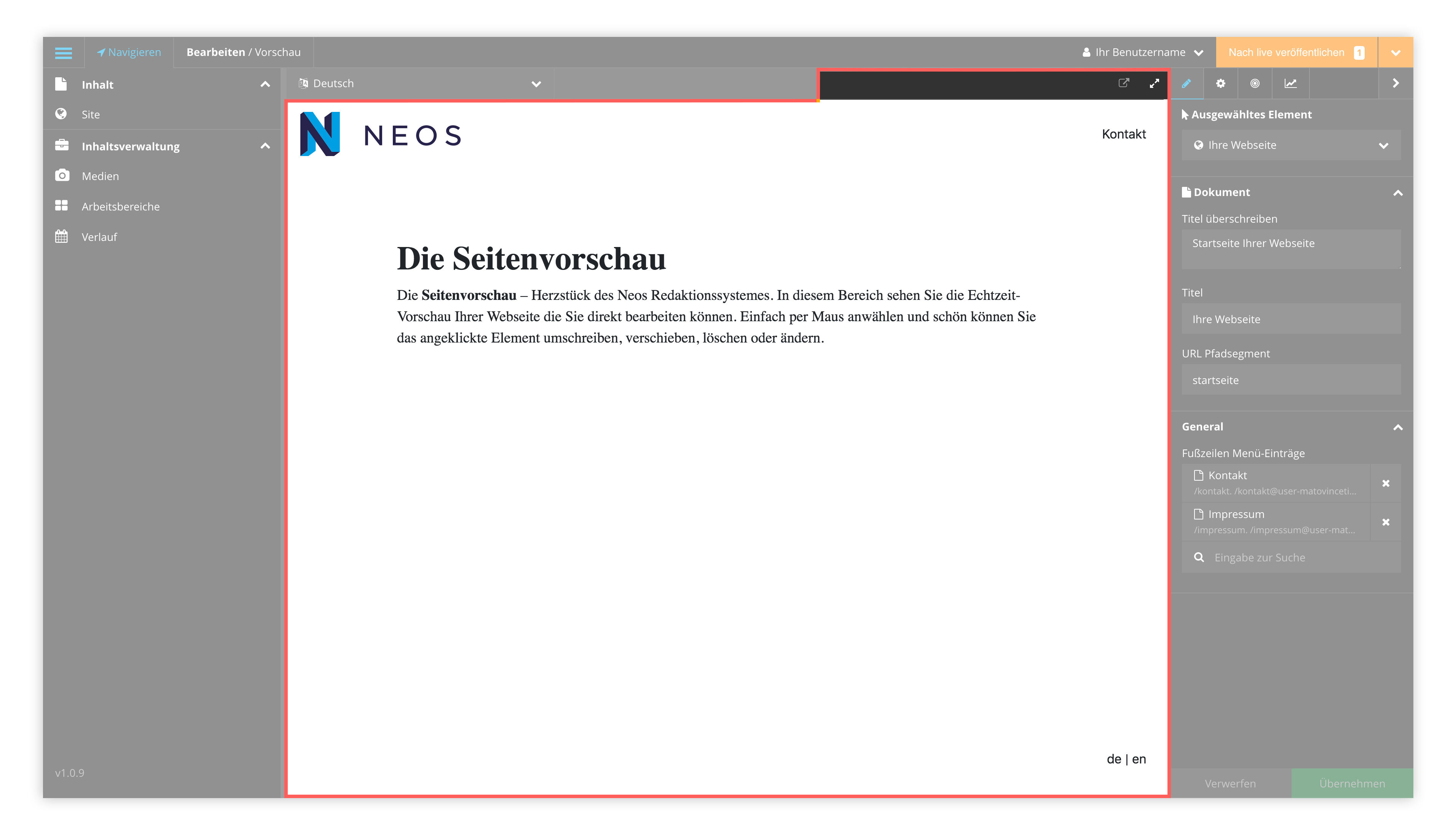 Bild der Seitenvorschau in der Benutzeroberfläche