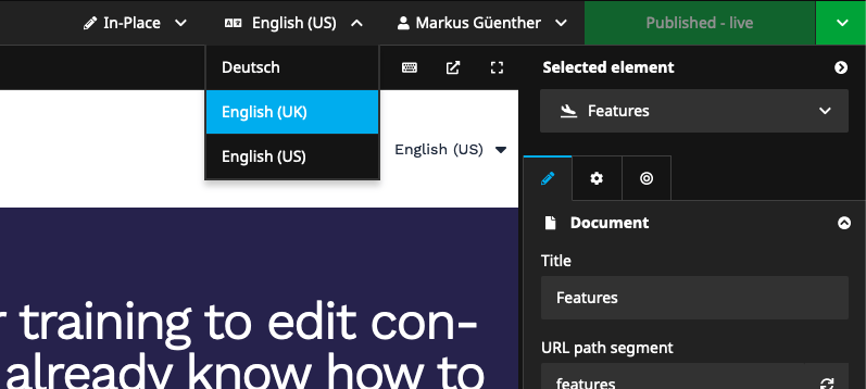 Neos Backend that shows the new dimension switcher with on single language dimension