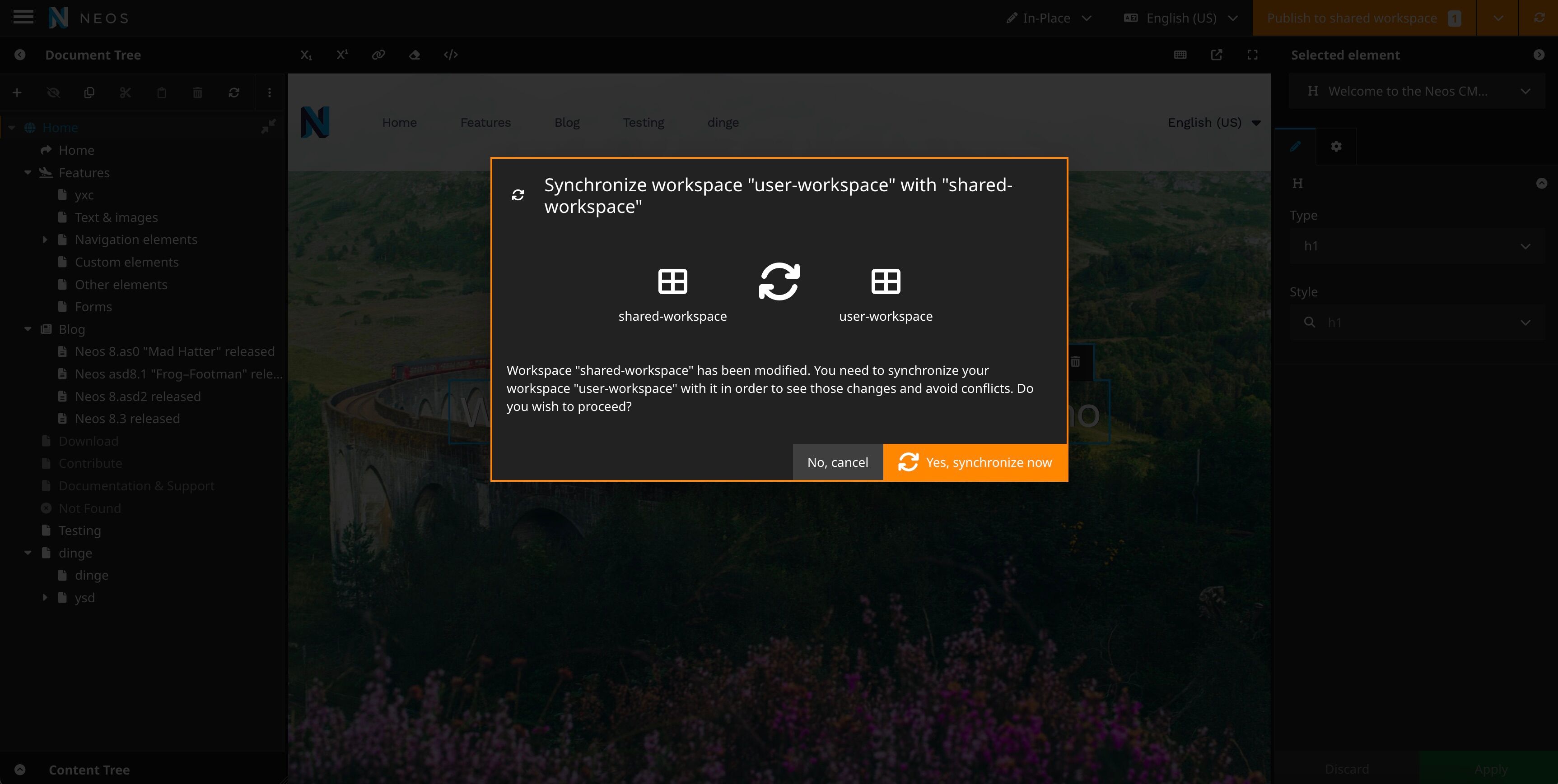 Screenshot of Workspace Sync Dialog in Neos 9