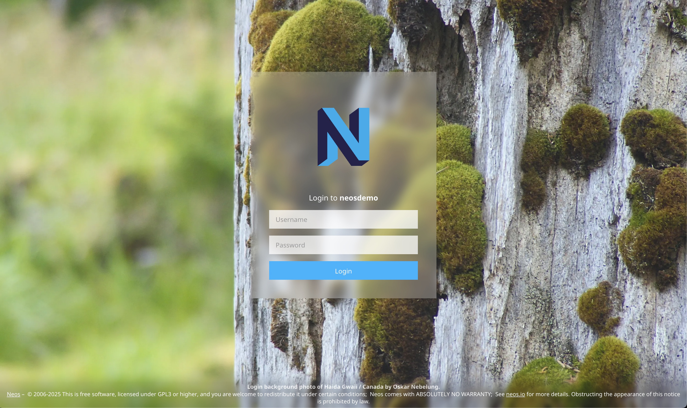 Screenshot of Neos 9 Login Page with new wallpaper image attribution