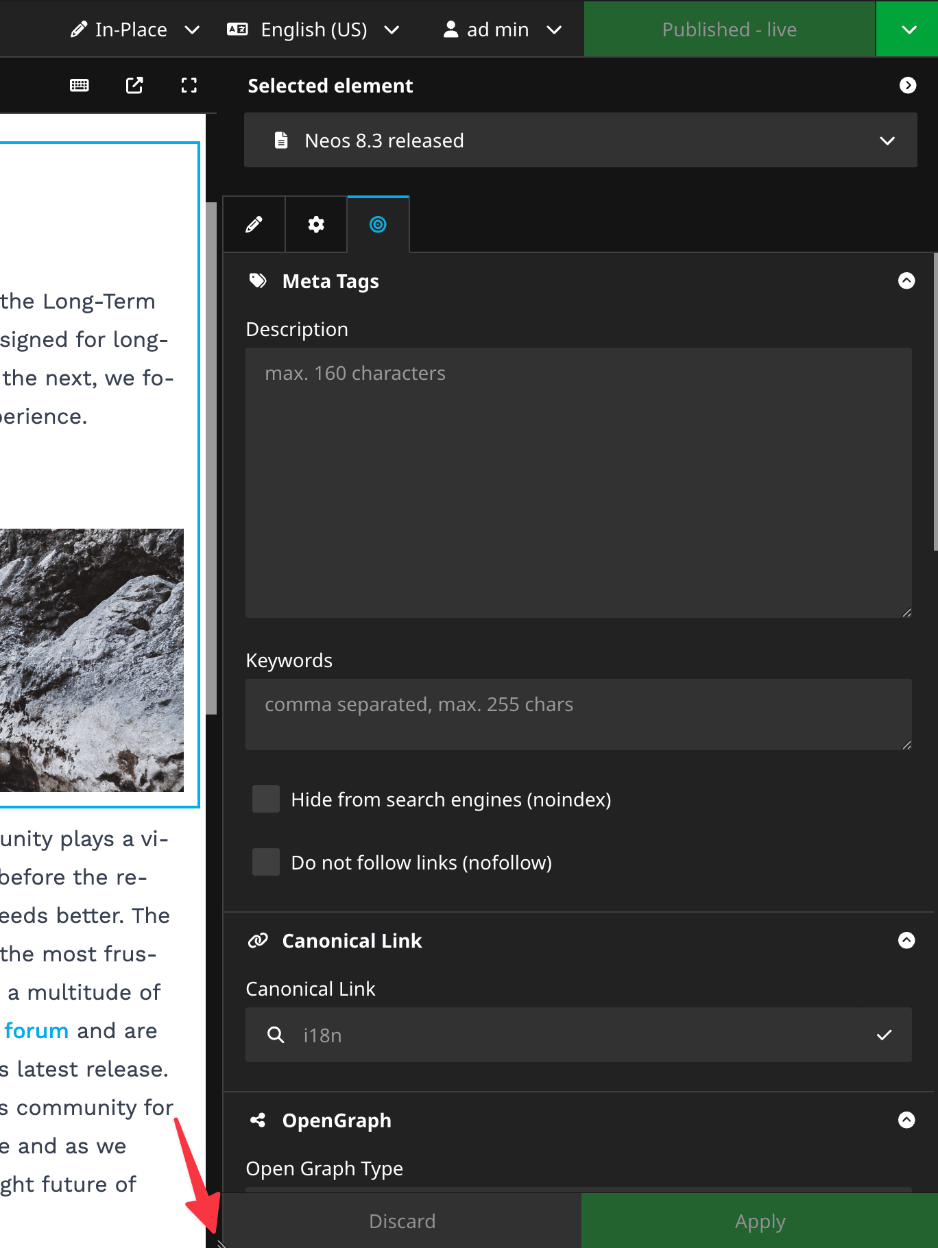 The Neos inspector resized to give more space while editing